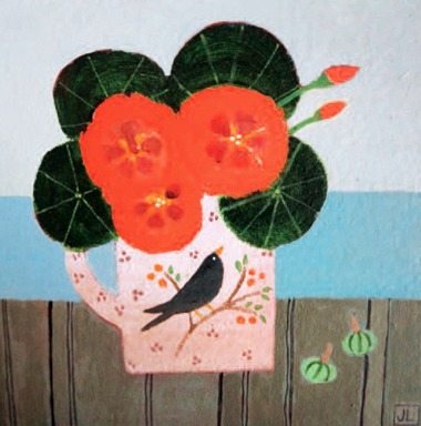 Blackbird and Nasturtiums