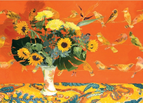 Sunflowers, leaves & birds