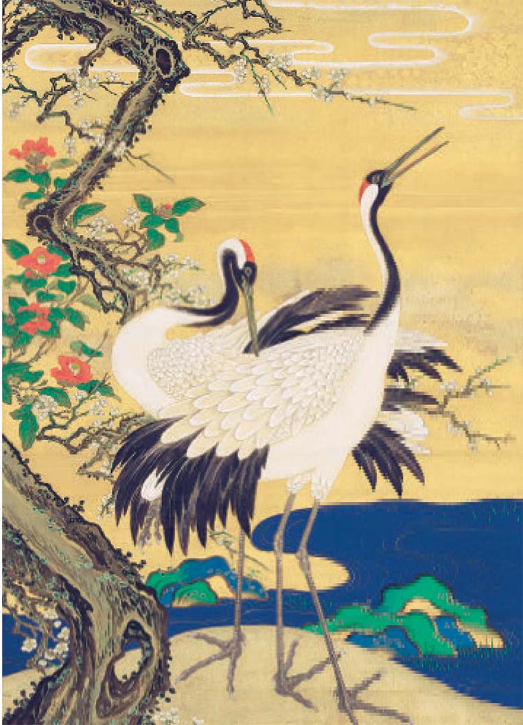 Cranes with Plums and Camelias